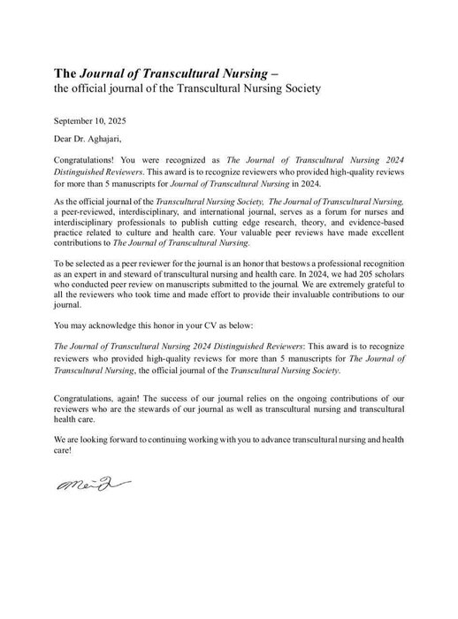 انتخاب استاد پرستاری بهعنوان داور ممتاز مجله برتر علمی آمریکایی انتخاب استاد پرستاری بهعنوان داور ممتاز مجله برتر علمی آمریکایی